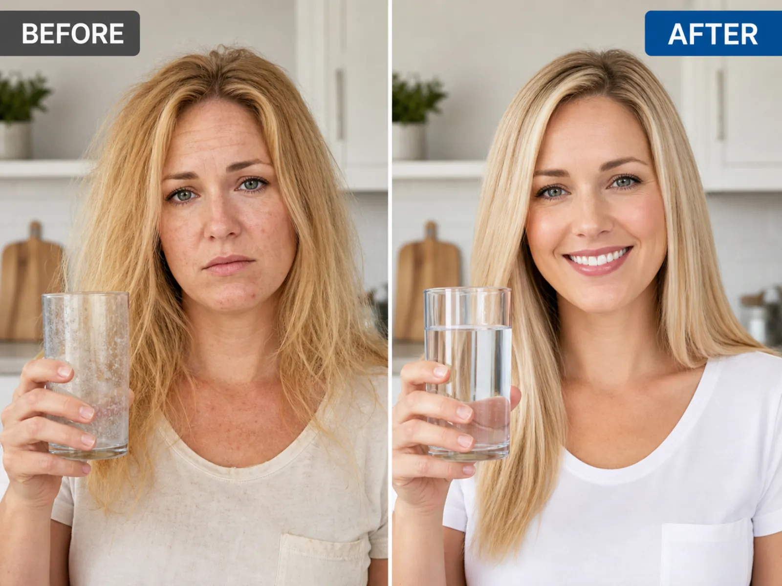 Before and after water filtration: cloudy hard water vs clear filtered water