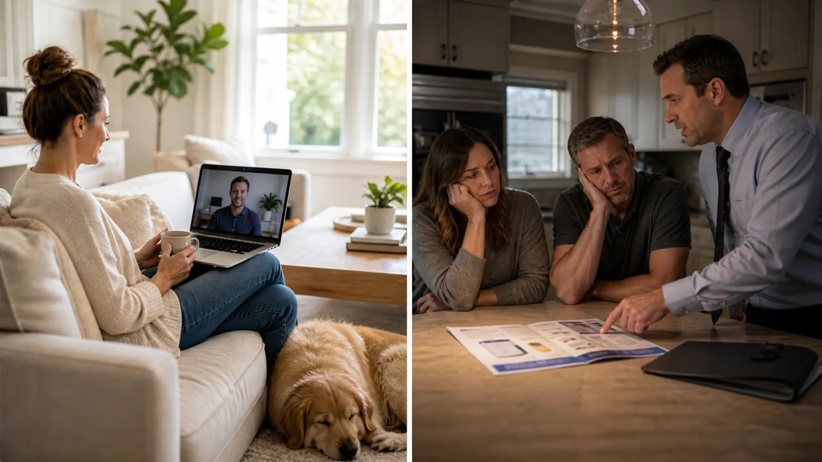 Left: a homeowner relaxing on her couch with coffee and her dog during a friendly remote consultation. Right: a stressed couple cornered at their kitchen table by a high-pressure in-home salesperson.